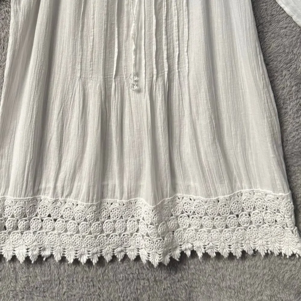 Blue Island Lace Border Sleeves and Hem Long Sleeve Swim Cover-Up  Women S White